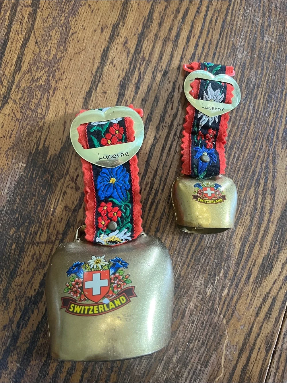 Swiss Brass Cowbell Set with Lucerne Heart Accents